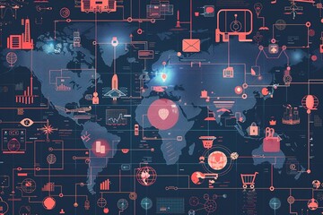 seamless pattern flat illustration style, world map AI(Artificial Intelligence) concept. robot gpt chat technology woman space for text copy space on dark background world map