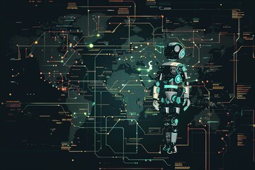 seamless pattern flat illustration style, world map AI(Artificial Intelligence) concept. robot gpt chat technology woman space for text copy space on dark background world map