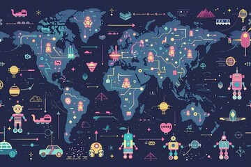 seamless pattern flat illustration style, world map AI(Artificial Intelligence) concept. robot gpt chat technology woman space for text copy space on dark background world map