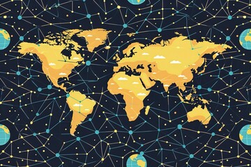 seamless pattern flat illustration style, world map network background with earth map world map