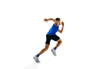 Dynamic image of man in a run, runner in motion, training isolated on white studio background....
