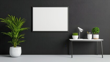 Minimalist workspace with white desk, plants, and blank s on dark wall, showcasing modern office decor and simple design.
