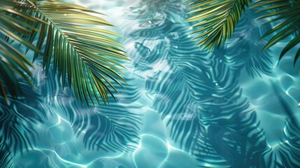 3D rendering of palm leaves shadow on the water surface in a swimming pool with a light blue background