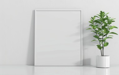 Minimalistic blank frame with a potted plant on the side, perfect for artwork display or mockups in a modern interior setting.