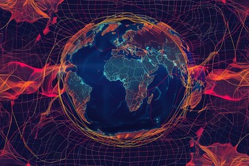 seamless pattern flat illustration style, world map A globe of a planet surrounded by neural neon nexus lines, grid and nodes. Creative concept of technological progress, the World Wide Web. 