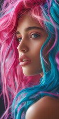 Fototapeta premium In a pretty portrait, a young woman showcases a colorful hairstyle, epitomizing beauty and style.