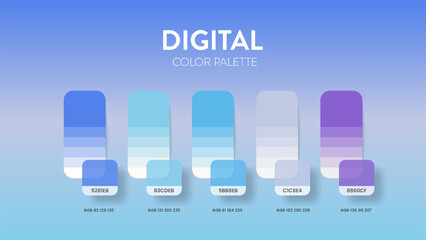 Color palette guide in Digital colour theme collection. Color inspiration or chart with codes template. Color combination RGB. Colors swatches for graphic design, web, art, fashion or painting. Vector