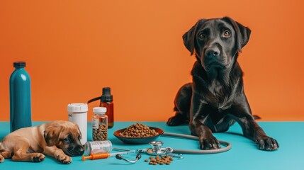 A black labrador retriever and a brown puppy sit next to each other on a blue table In front of them is a bowl of food, some supplements, and a bottle of water. AIGZ01