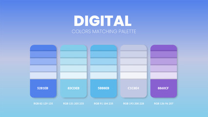 Color palette guide in Digital colour theme collection. Color inspiration or chart with codes template. Color combination RGB. Colors swatches for graphic design, web, art, fashion or painting. Vector
