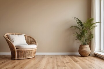 Interior home of living room with rattan armchair and table on beige wall, boho style