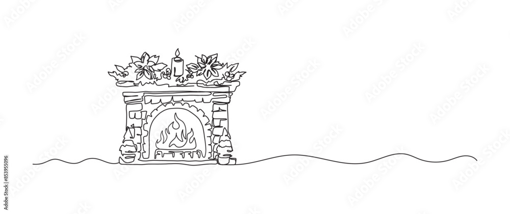 Wall mural Fireplace and candle continuous one line drawing, single line art element, minimalist sketch line vector illustration, christmas winter new year concept