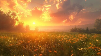 Golden Sunset Over a Field of Wildflowers