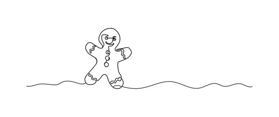 Gingerbread man cookie continuous one line drawing, single line art element, minimalist sketch line vector illustration, christmas winter new year concept