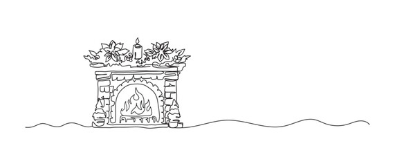 Fireplace and candle continuous one line drawing, single line art element, minimalist sketch line vector illustration, christmas winter new year concept