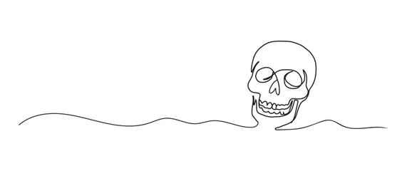 Skull skeleton continuous one line drawing, single line art element, minimalist sketch line vector illustration, halloween spooky concept