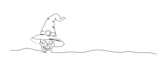 Skull and witch hat continuous one line drawing, single line art element, minimalist sketch line vector illustration, halloween spooky concept