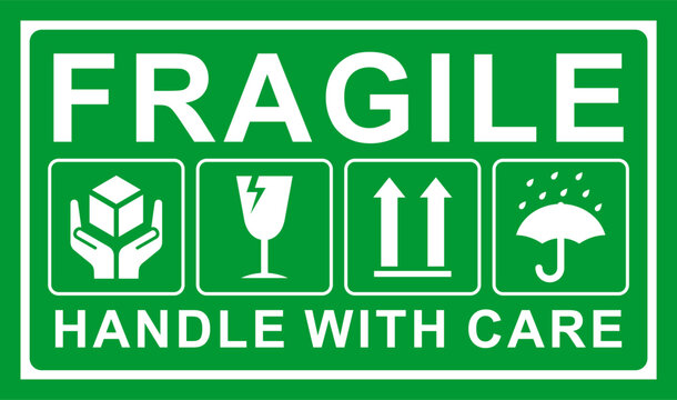 Green fragile package icons set, handle with care logistics and delivery shipping labels. Fragile box. Just Print and Use, Vector