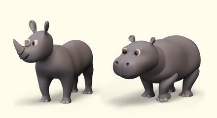 Realistic rhinoceros and hippopotamus. Large gray animals of savannah