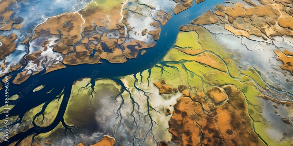 Poster aerial view of tlings ponds showing environmental risks in abstract patterns. concept aerial photogr