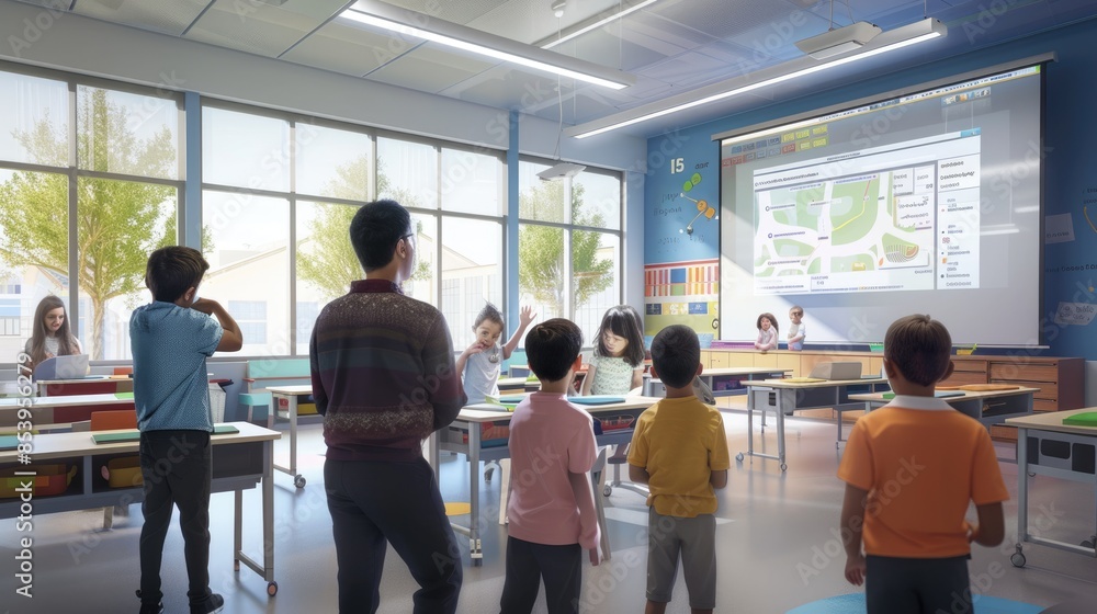 Poster portrait of teacher teaching about ai at digital classroom. multicultural elementary student learnin