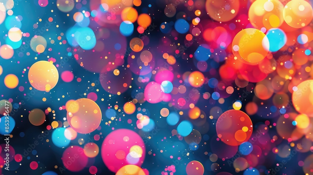 Poster abstract space themed image with colorful planets, stars, and flowing lines on a black background. d