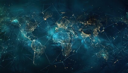 "Interconnected Earth: Futuristic Blue Map with Highlighted Cities and Network Connections" Generative AI