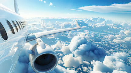 Photorealistic view of a passenger airplane in flight detailed textures and features bright blue sky with soft clouds  and clear colors modern 