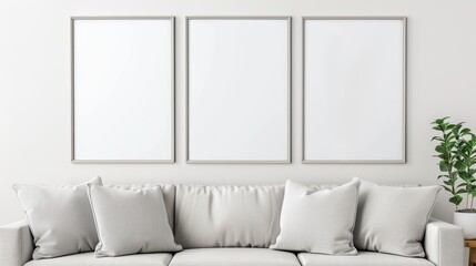 Modern living room with a grey sofa, three blank white posters on the wall, and a green plant on the side. Minimalist and cozy decor.