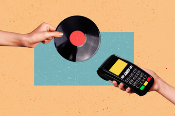 Creative abstract template collage of hand hold vinyl record paying terminal unusual fantasy...