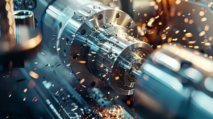 Photorealistic view of a CNC lathe milling machine in action intricate details of the cutting process and metal shavings bright and clear illumination  