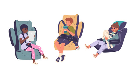 Three Children Sitting In Car Seats. One Child Is Using Tablet, Another Is Reading A Book, And The Third Is Holding Toy