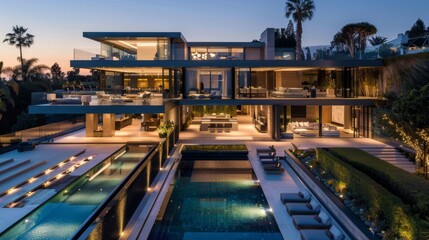 Fototapeta premium Modern Luxury Home with Infinity Pool and Evening Lights