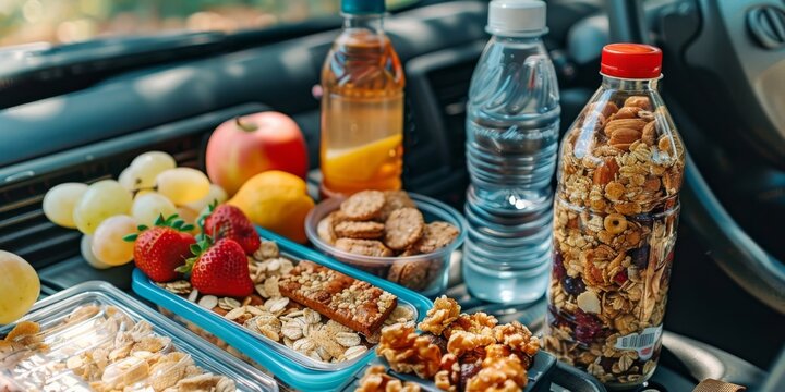 A variety of road trip snacks spread out on a car dashboard, including granola bars, fruit, trail mix, and bottled drinks