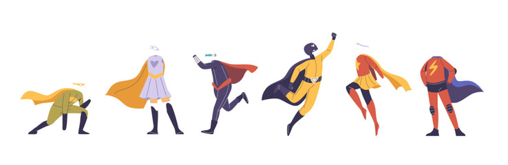 Children Dressed In Various Superhero Costumes, Performing Dynamic Superhero Poses. Vector Image Conveys Creativity