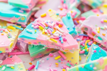 colorful, textured candy bark or chocolate pieces with pastel shades of pink, blue, green, and yellow