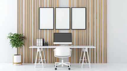 Modern minimalist home office setup with a sleek desk, ergonomic chair, desktop computer, and stylish wall decor. Perfect for productivity.
