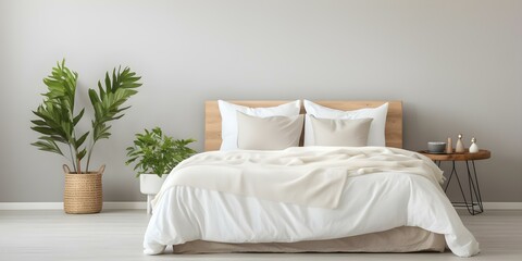 White bed with headboard mirror in background plant in foreground. Concept Bedroom Decor, Interior Design, Reflective Surfaces, Indoor Plants, Furniture Styling