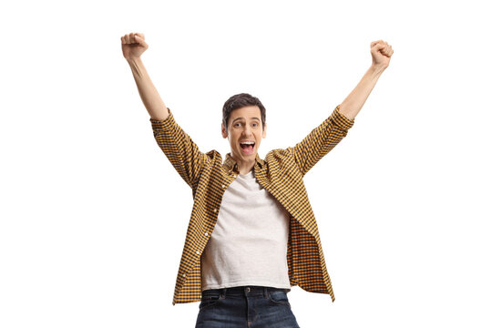 Excited young man cheering with happiness