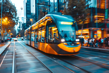 Obraz premium A vibrant photo of a modern tram moving through a busy city street, showcasing efficient public transport in urban areas