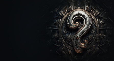 A heavy metallic question mark with ancient design. Concept for games, assessment and quiz.