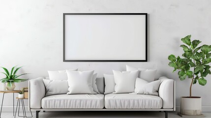 Modern minimalist living room with a stylish white sofa, decorative plants, and a blank picture frame on a textured wall background.