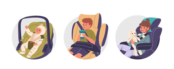Isolated Vector Round Icons With Cartoon Children Characters Safely Secured In Car Seats. Happy Child Holding Drink