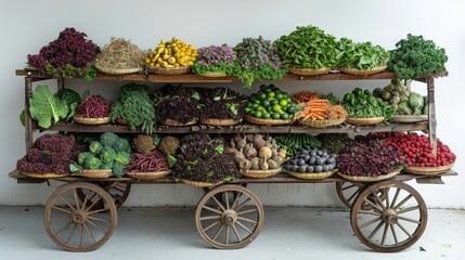 A Thai farmer using a wooden cart to transport harvested crops, the cart filled with fresh produce, isolated on a white background. 
