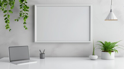 Modern minimalist workspace with a laptop, plants, and a blank whiteboard on a white desk. Ideal for productivity and creativity.