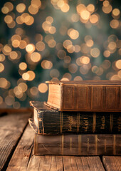 Old books on wooden planks with blur shimmer background