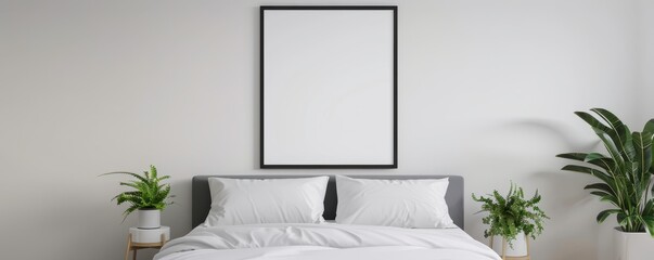 Modern minimalistic bedroom with a neatly made bed, indoor plants, and blank picture frame on white wall. Clean and peaceful ambiance.
