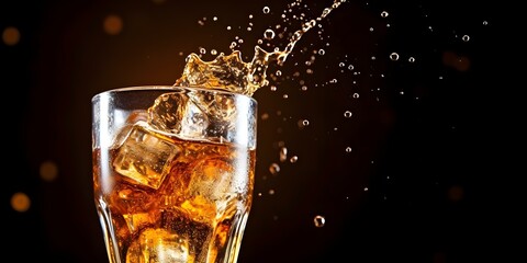 Pouring soda into glass creating fizzy splash with dark bokeh background. Concept High-Speed Photography, Fizzy Splash, Dark Bokeh, Pouring Soda, Glassware