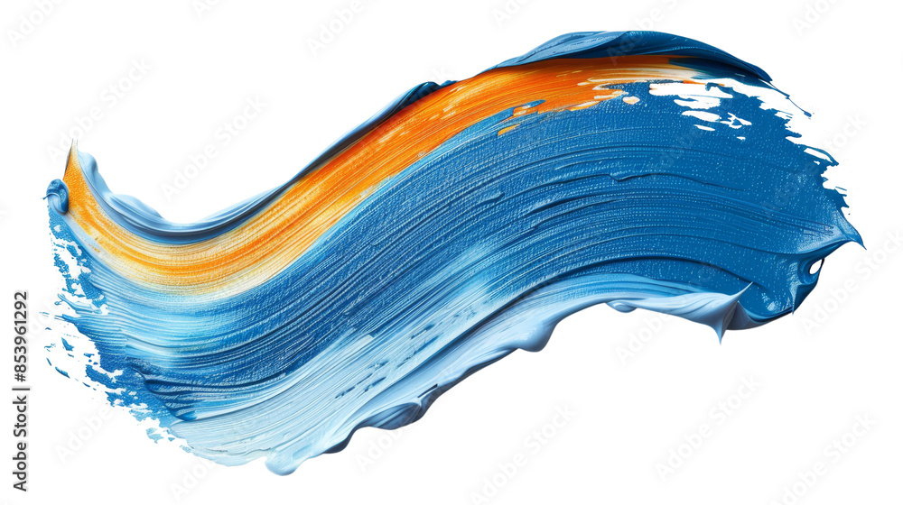 Poster a vibrant brush stroke of blue and orange paint creating a dynamic wave pattern on transparent backg