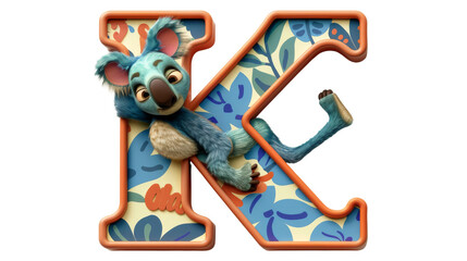 A playful 3D letter 'K' designed as a koala, set against a transparent background. Ideal for children's educational materials and creative design projects