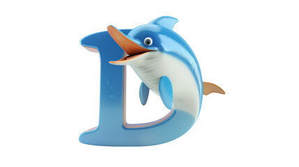 A happy dolphin character alongside a large letter D, on a transparent background